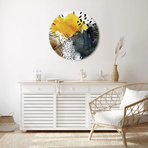 Vægur, Uret - Abstrakt mønster i gul, marineblå og sort - 30x30cm - Et møde mellem elementerne - Moderne vægdekoration til stue, køkken og soveværelse ARTTOR