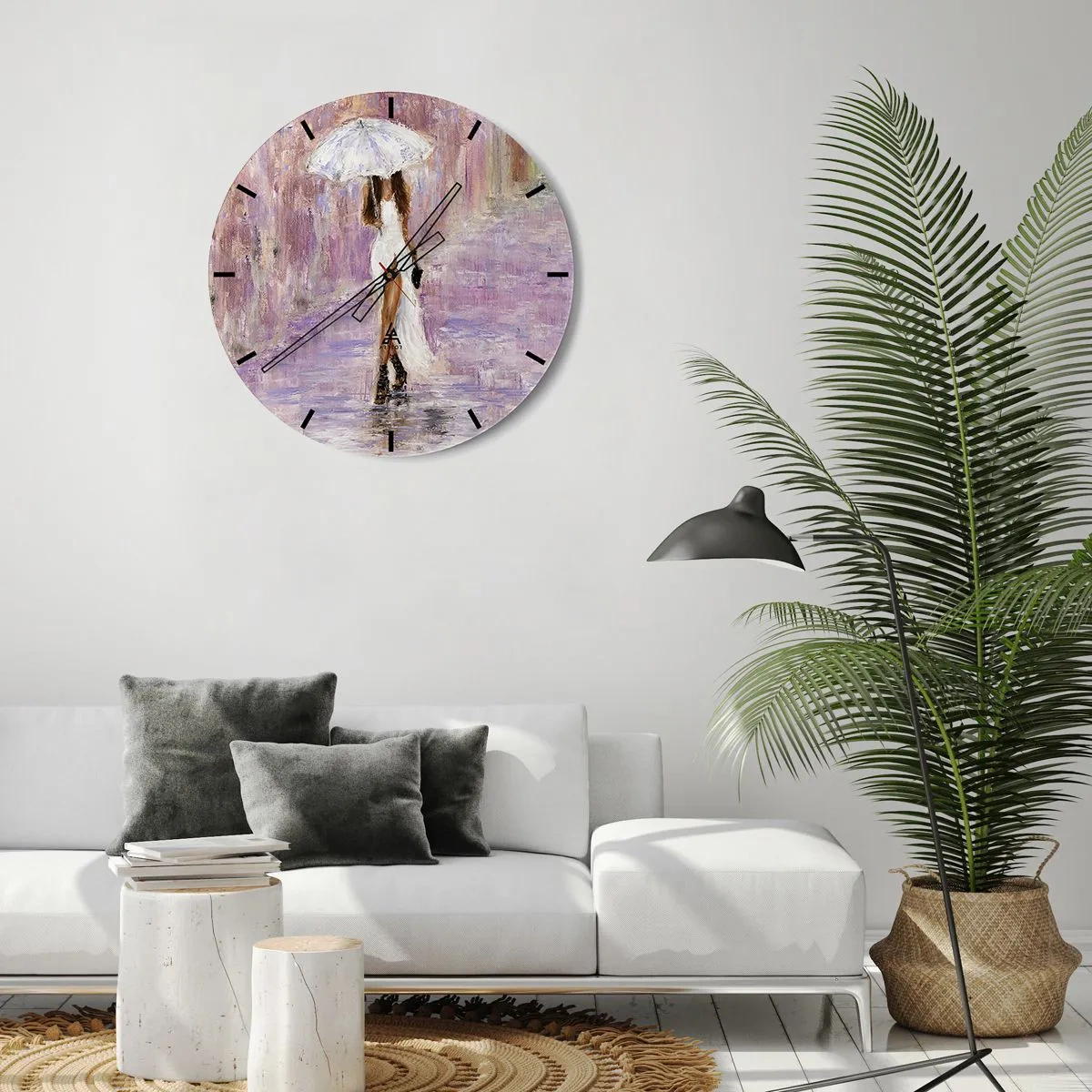 Vægur, Uret - Figuren af en kvinde med en paraply i regnvejr mod en lilla baggrund - 30x30cm - I den syrenrøde regn - Moderne vægdekoration til stue, køkken og soveværelse ARTTOR