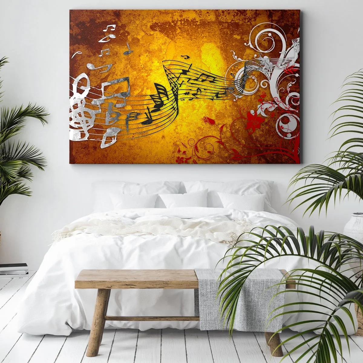Lærredstryk - Billede på lærred - Abstrakte musikalske noter på en farverig baggrund med ornamenter - 70x50cm - Lad musikken spille - Moderne vægdekoration til stue og soveværelse ARTTOR