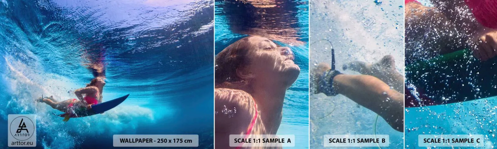 Prøve Fototapet Selvklæbende Deluxe Sticker - Dybden af glæde - Surfing, Kvinde, Sport - 100x30 cm