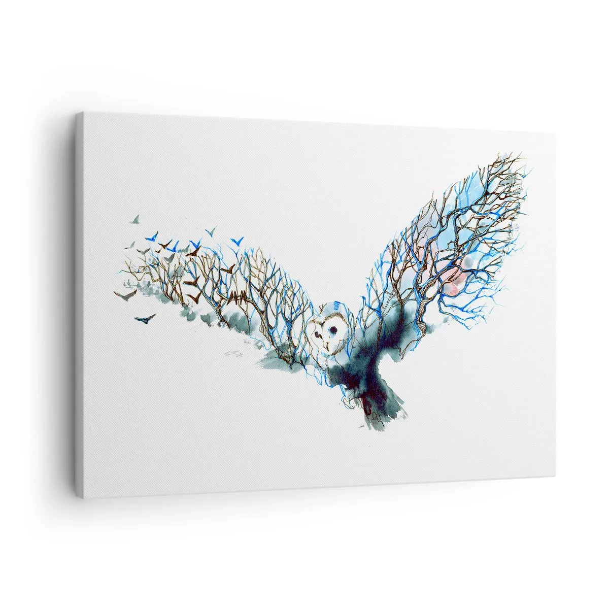 Lærredstryk - Billede på lærred - Kunstnerisk grafik af en ugle med spredte vinger - 70x50cm - På skovens vinger - Moderne vægdekoration til stue og soveværelse ARTTOR