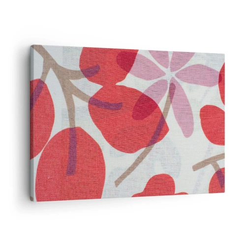 Lærredstryk - Billede på lærred - Blomster og blade i nuancer af rød og lyserød - 70x50cm - Blomsterkomposition i pink - Moderne vægdekoration til stue og soveværelse ARTTOR