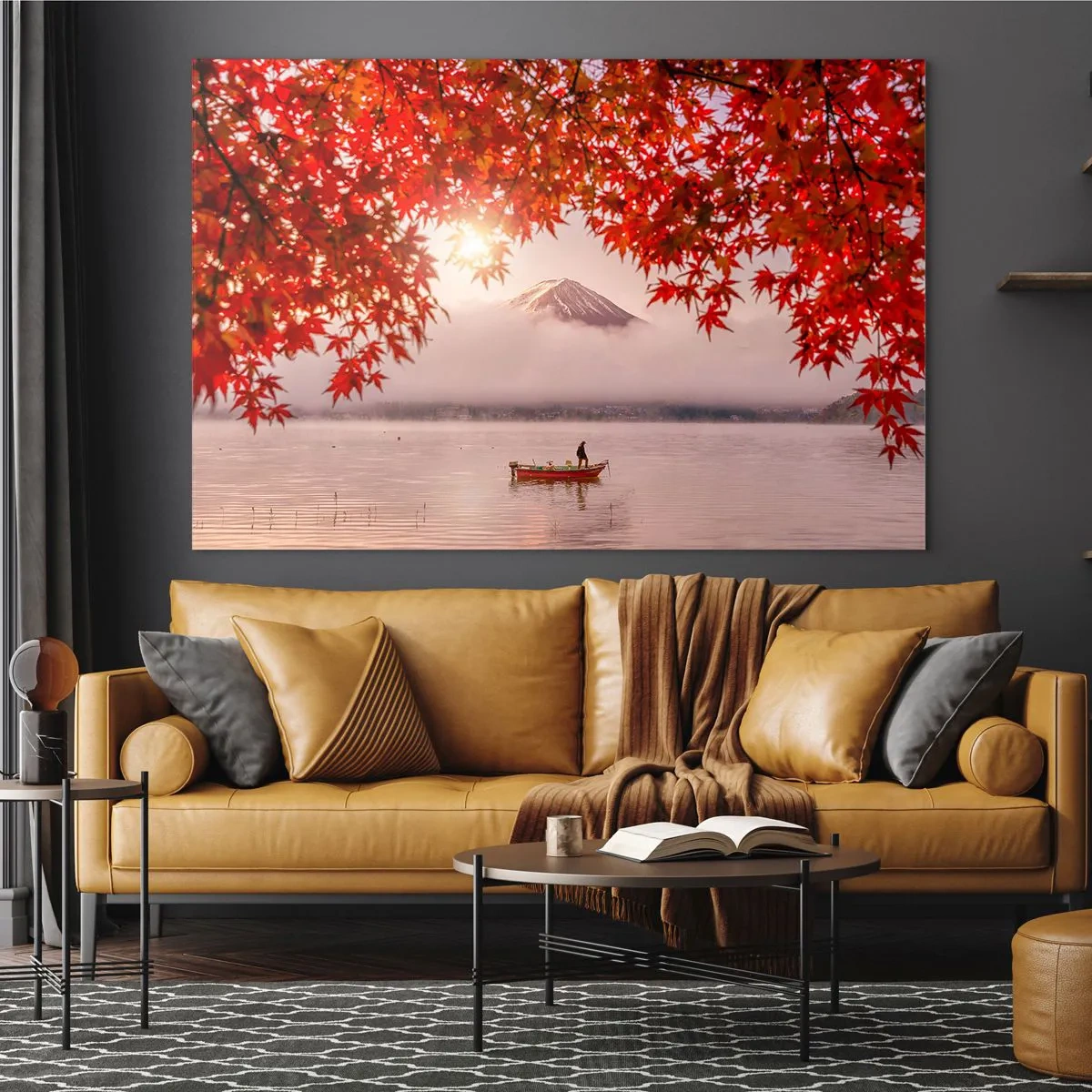 Billede på glas - Mount Fuji med en båd på en sø omgivet af røde blade - 70x50cm - I en japansk atmosfære - Moderne vægdekoration til stue og soveværelse ARTTOR