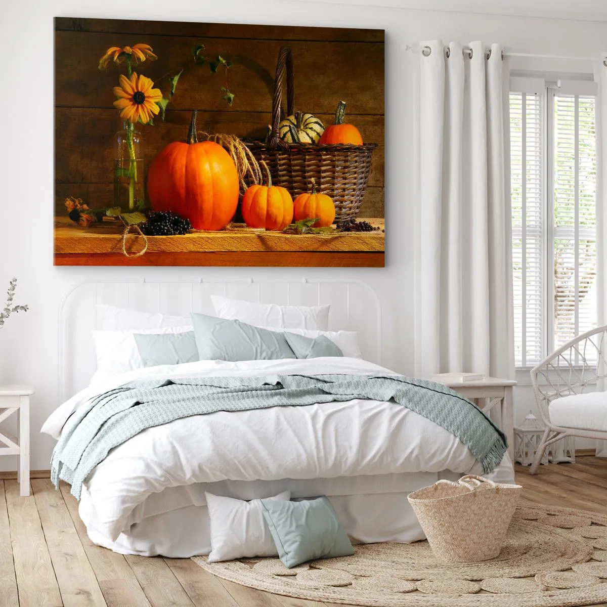 Lærredstryk - Billede på lærred - Efterårskomposition med græskar og blomster på en træbaggrund - 70x50cm - Rustik sammensætning - efterårets gaver - Moderne vægdekoration til stue og soveværelse ARTTOR