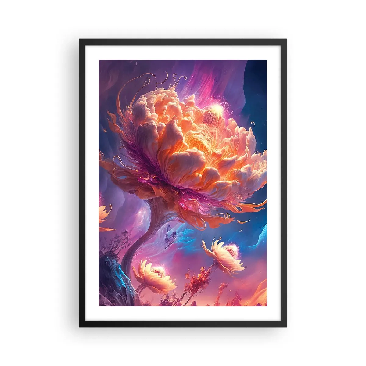 Plakat i sort ramme - Et fantastisk træ formet som en blomstrende blomst - 50x70cm - En anden verden - Moderne vægdekoration til stue og soveværelse ARTTOR