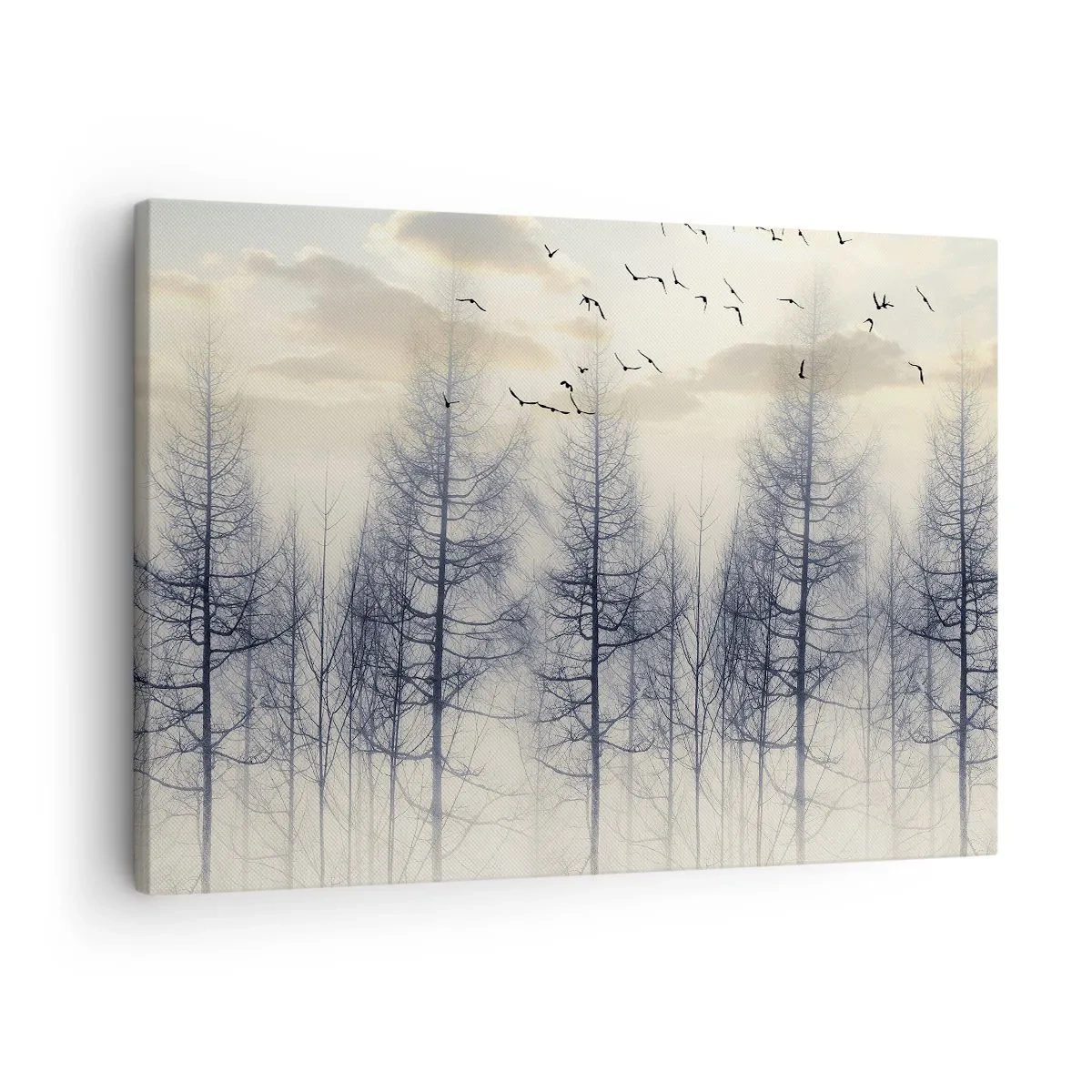 Lærredstryk - Billede på lærred - Tåget skov med fugle mod solnedgangshimmelen - 70x50cm - Skovånder - Moderne vægdekoration til stue og soveværelse ARTTOR