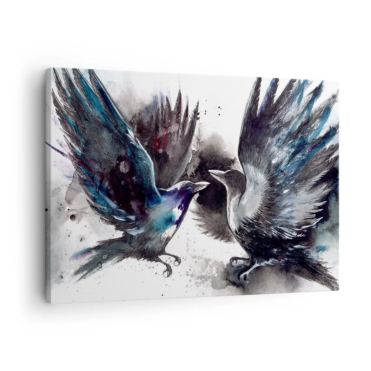 Lærredstryk - Billede på lærred - Kunstneriske ravne i en dynamisk akvarelkomposition - 70x50cm - En ravn til en ravn... - Moderne vægdekoration til stue og soveværelse ARTTOR