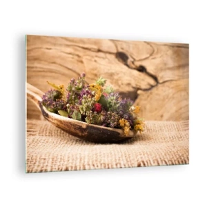 Billede på glas - Tørrede urter i en træske på en rustik baggrund - 70x50cm - Farverige blomster og velduftende urter - Moderne vægdekoration til stue og soveværelse ARTTOR
