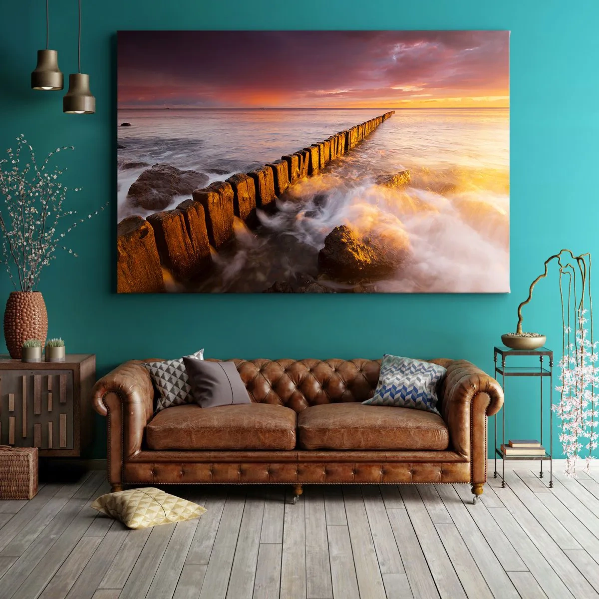 Lærredstryk - Billede på lærred - Et malerisk landskab ved havet ved solnedgang - 70x50cm - Bølgernes blidhed - Moderne vægdekoration til stue og soveværelse ARTTOR