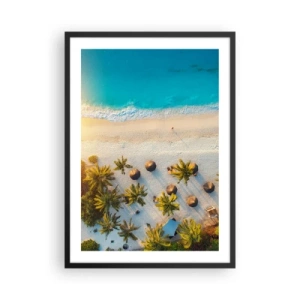 Plakat i sort ramme - Luftfoto af en paradisstrand med palmer og turkisblåt vand - 50x70cm - Velkommen til paradis - Moderne vægdekoration til stue og soveværelse ARTTOR