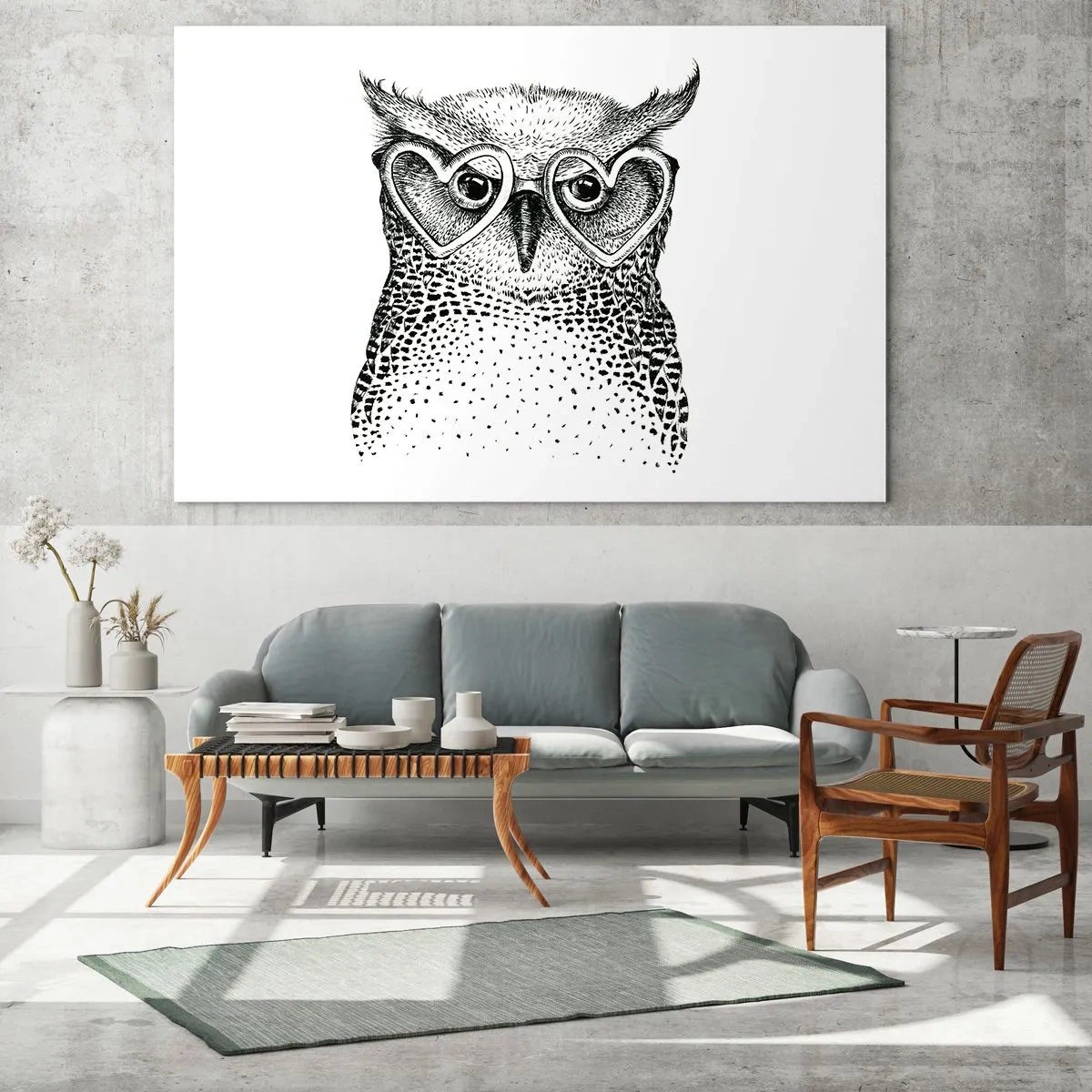 Billede på glas - Illustration af en ugle med hjerteformede briller - 70x50cm - Klogt og med kærlighed - Moderne vægdekoration til stue og soveværelse ARTTOR
