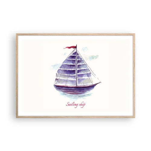 Plakat i ramme af lyst egetræ - Fulde sejl og roligt vand - 100x70 cm
