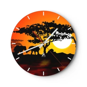 Vægur, Uret - Afrikansk landskab med silhuetter af træer og dyr ved solnedgang - 30x30cm - Møde på savannen - Moderne vægdekoration til stue, køkken og soveværelse ARTTOR