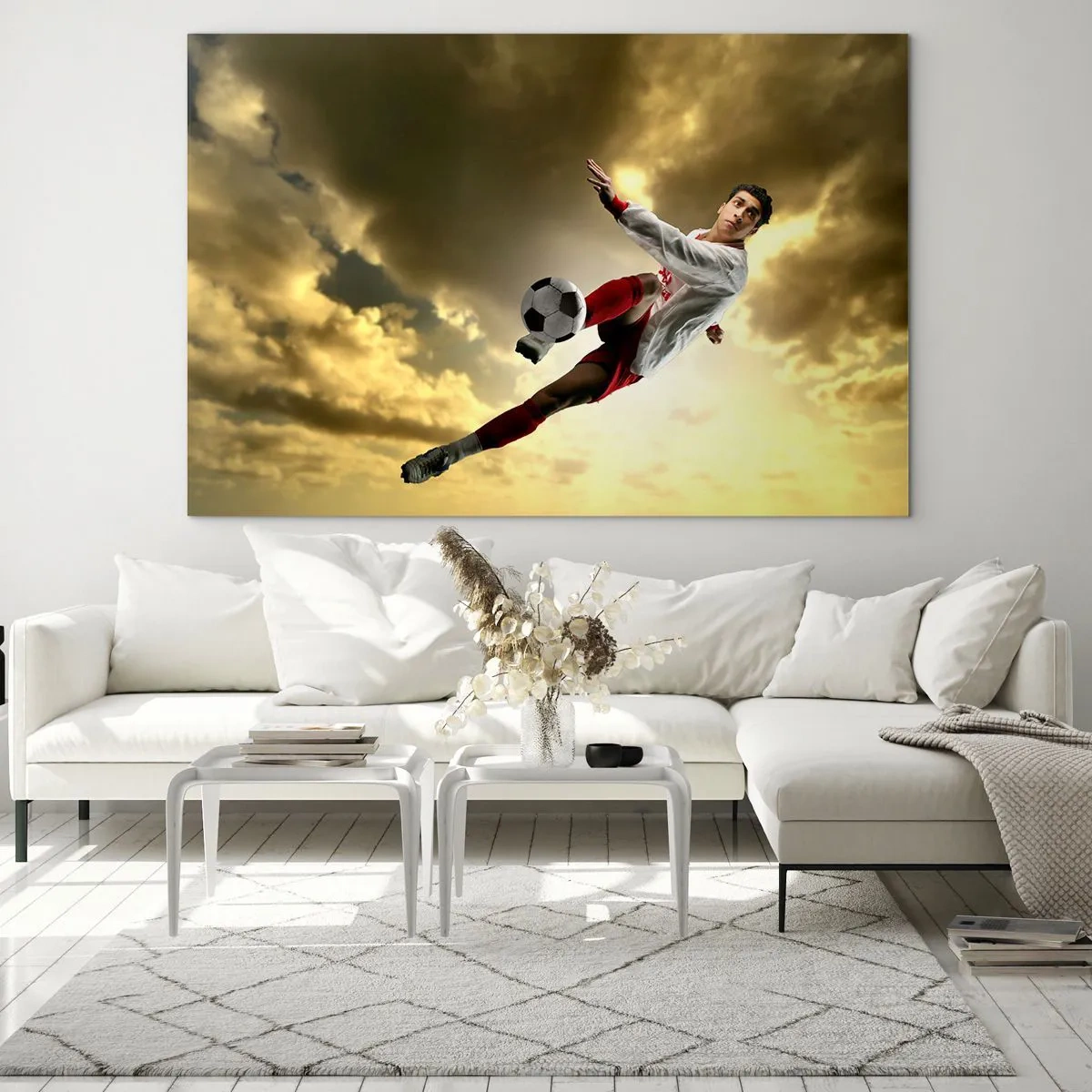 Billede på glas - En fodboldspiller i aktion mod en gylden himmel - 70x50cm - Fodboldhimlen - Moderne vægdekoration til stue og soveværelse ARTTOR
