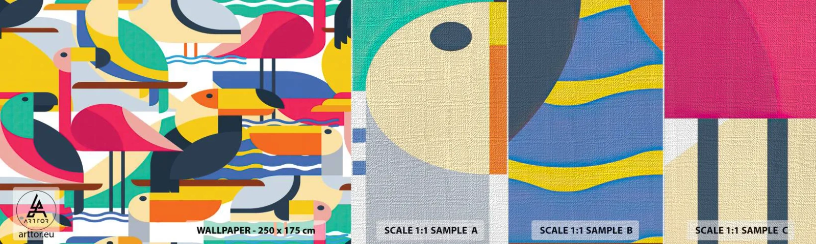 Prøve Fototapet Premium Canvas - Fuglefest - Abstraktion, Pelikan, Stykke - 100x30 cm