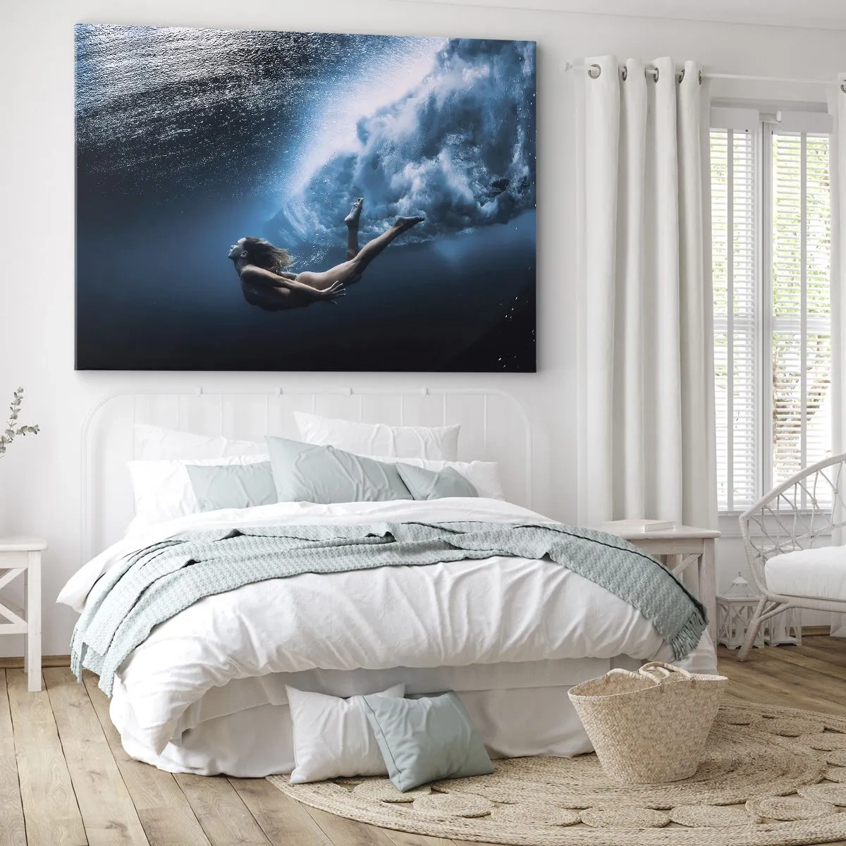 Lærredstryk - Billede på lærred - Undervandsbillede med en kvinde og luftbobler - 70x50cm - Den moderne havfrue - Moderne vægdekoration til stue og soveværelse ARTTOR