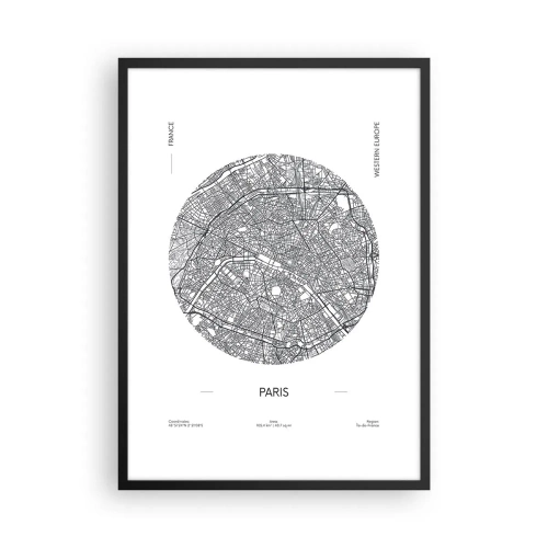 Plakat i sort ramme - Minimalistisk kort over Paris i en cirkel - 50x70cm - Paris' anatomi - Moderne vægdekoration til stue og soveværelse ARTTOR