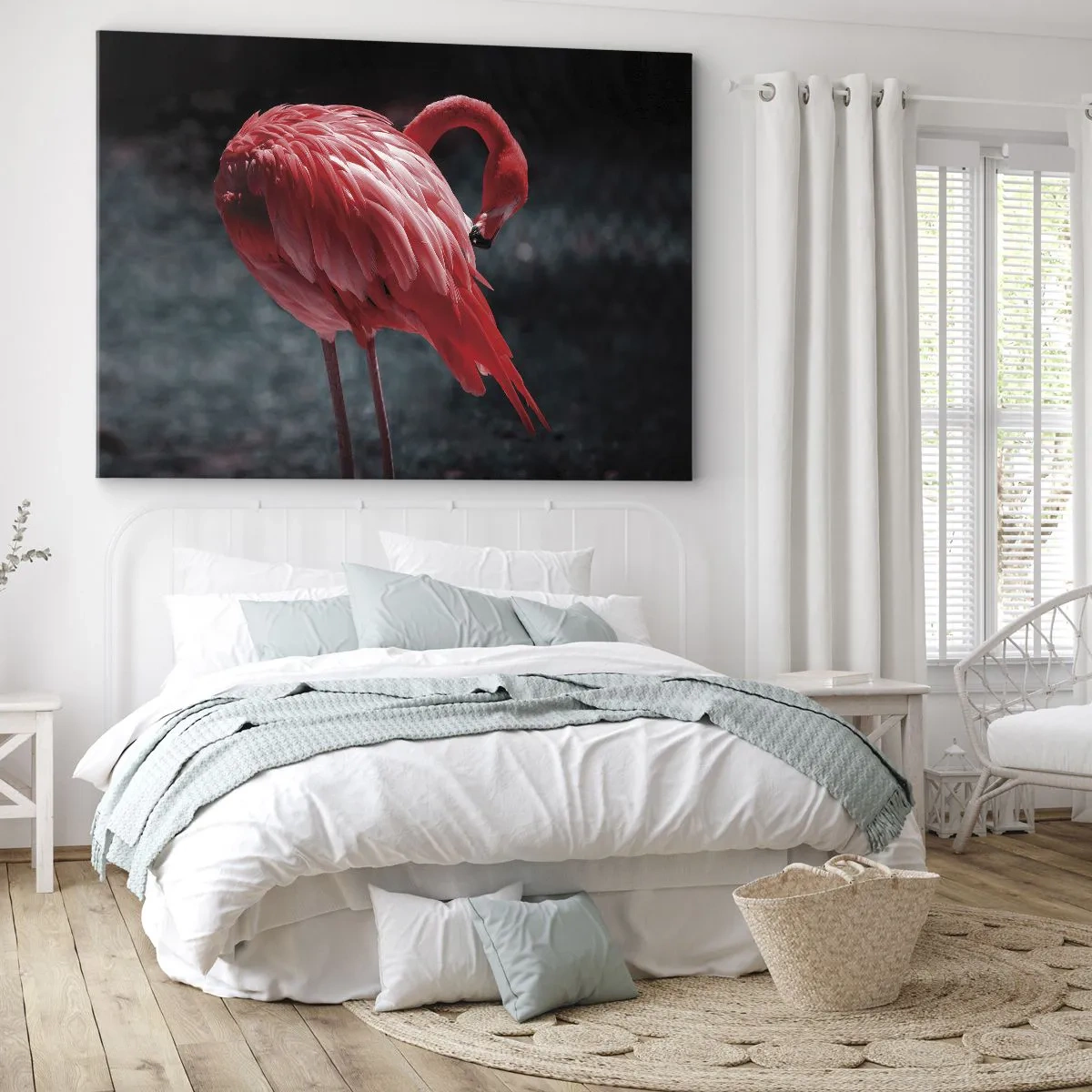 Lærredstryk - Billede på lærred - En lyserød flamingo på en mørkegrøn baggrund - 70x50cm - Et karmosinrødt naturdigt - Moderne vægdekoration til stue og soveværelse ARTTOR