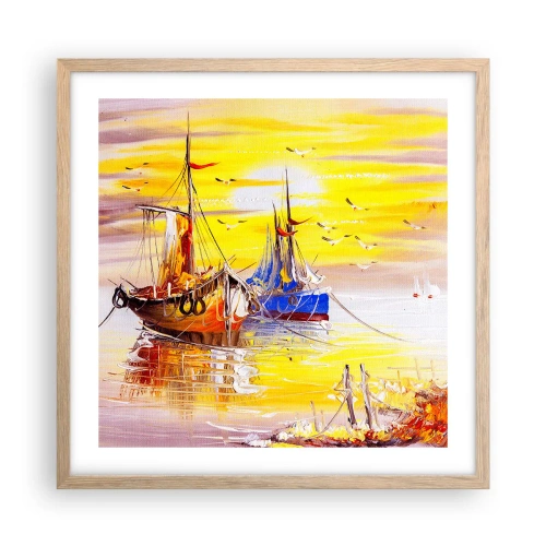 Plakat i ramme af lyst egetræ - Et velfortjent hvil i havnen - 50x50 cm