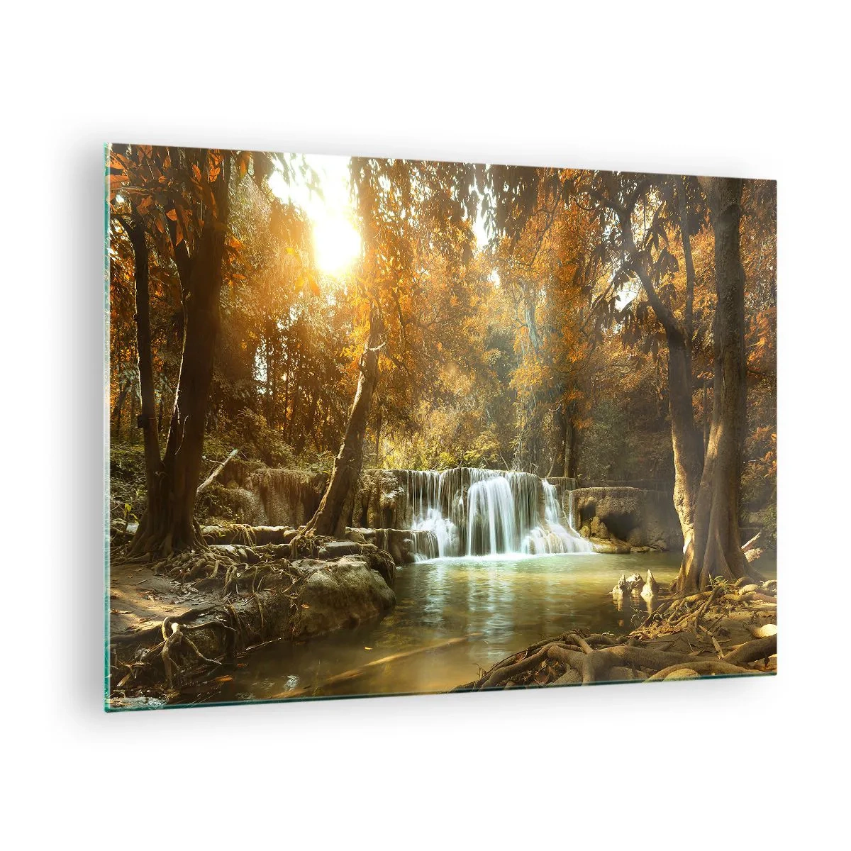 Billede på glas - Et vandfald i en park omgivet af træer i efterårsfarver - 70x50cm - Kaskade i parken - Moderne vægdekoration til stue og soveværelse ARTTOR