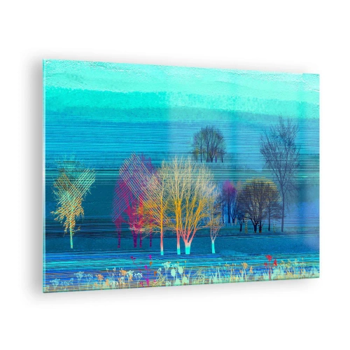 Billede på glas - Et farverigt landskab med træer mod en baggrund af blå toner - 70x50cm - Et vidtstrakt landskab - Moderne vægdekoration til stue og soveværelse ARTTOR