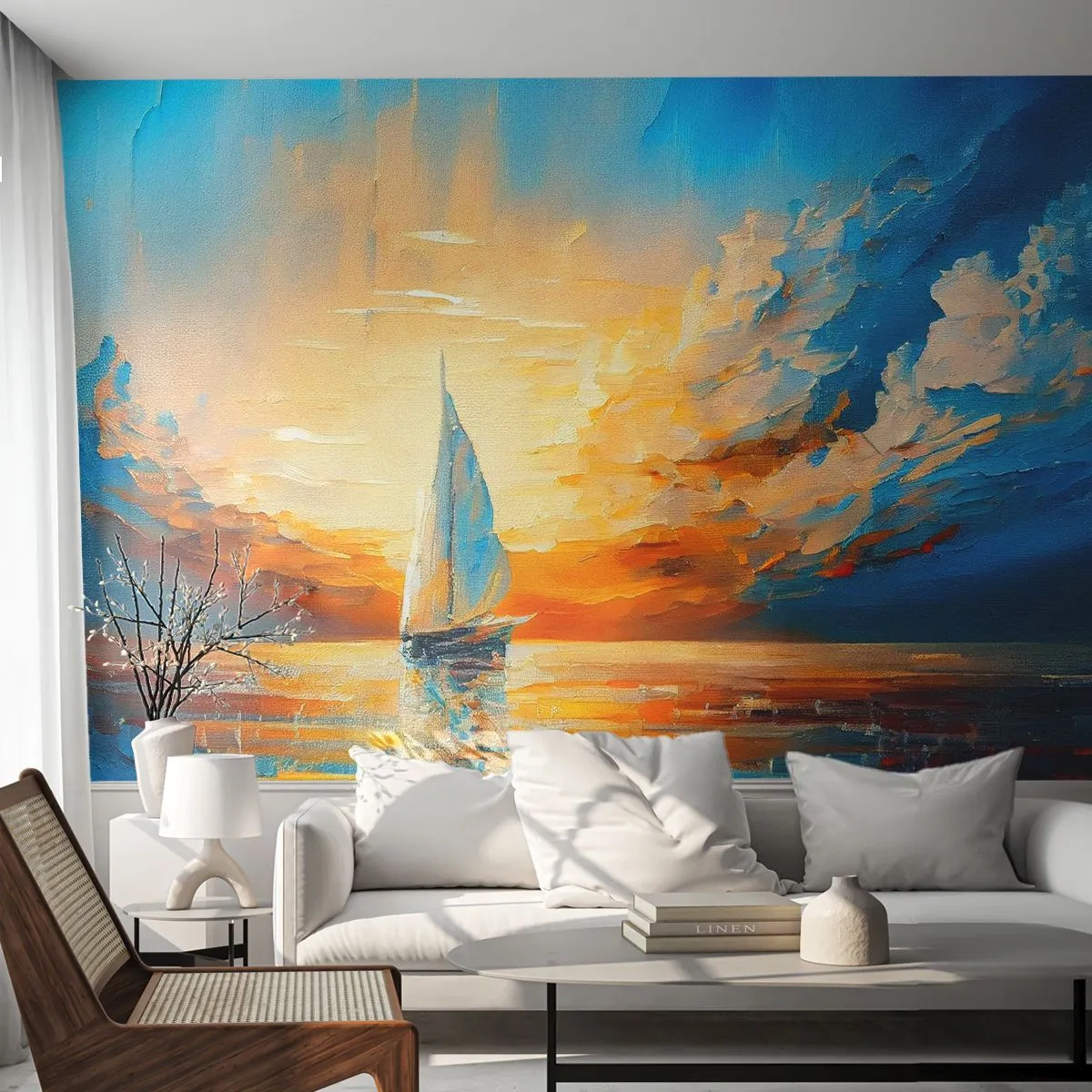Fototapet Selvklæbende Deluxe Sticker - Sejler i guld - Landskab, Nautisk, Sejlbåd - 500x350 cm