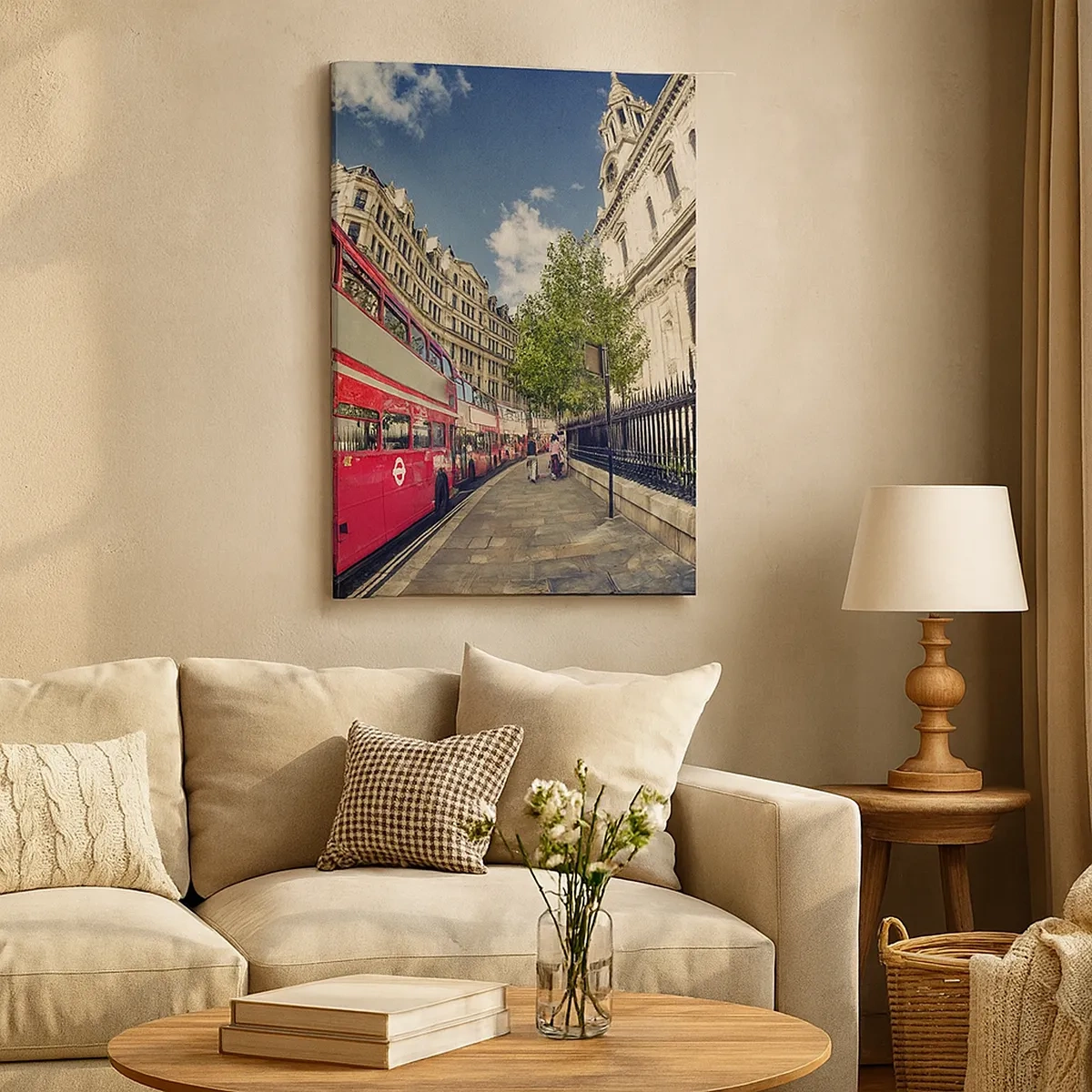 Lærredstryk - Billede på lærred - Gade i London i grå og rødt - 50x70 cm