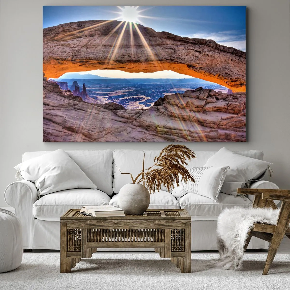 Lærredstryk - Billede på lærred - Klippebue med udsigt over kløften ved solopgang - 70x50cm - Gennem stenporten - Moderne vægdekoration til stue og soveværelse ARTTOR