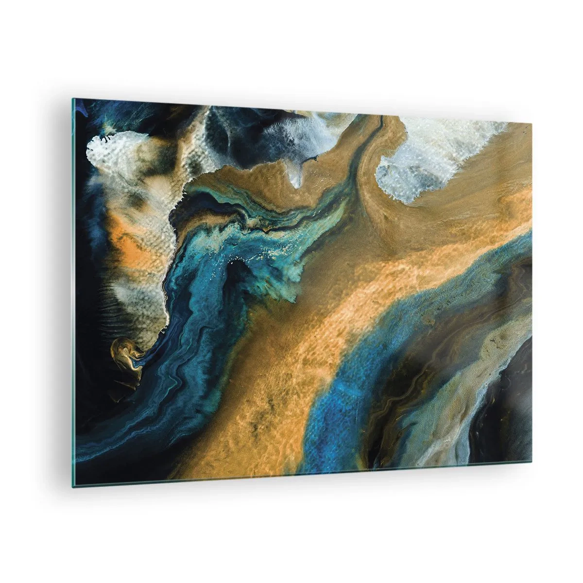 Billede på glas - Abstrakt komposition i nuancer af blå og guld - 70x50cm - Blå - gul - gensidig indflydelse - Moderne vægdekoration til stue og soveværelse ARTTOR