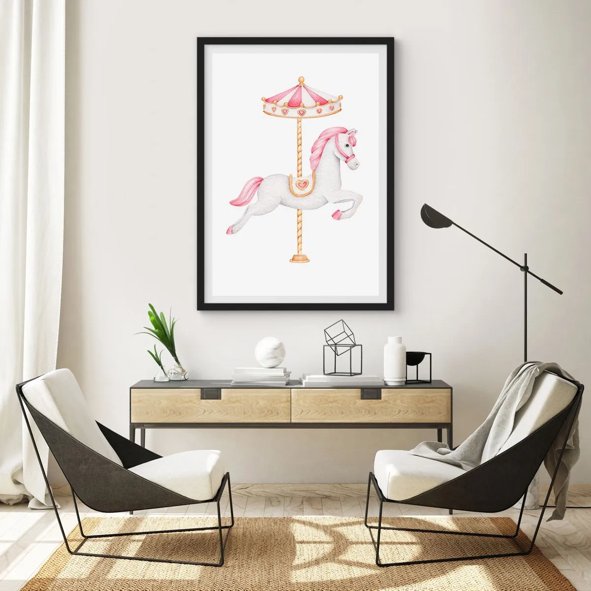 Plakat i sort ramme - En charmerende hvid hest på en karrusel i pastelfarver - 50x70cm - Han satte af sted med en hov - Moderne vægdekoration til stue og soveværelse ARTTOR