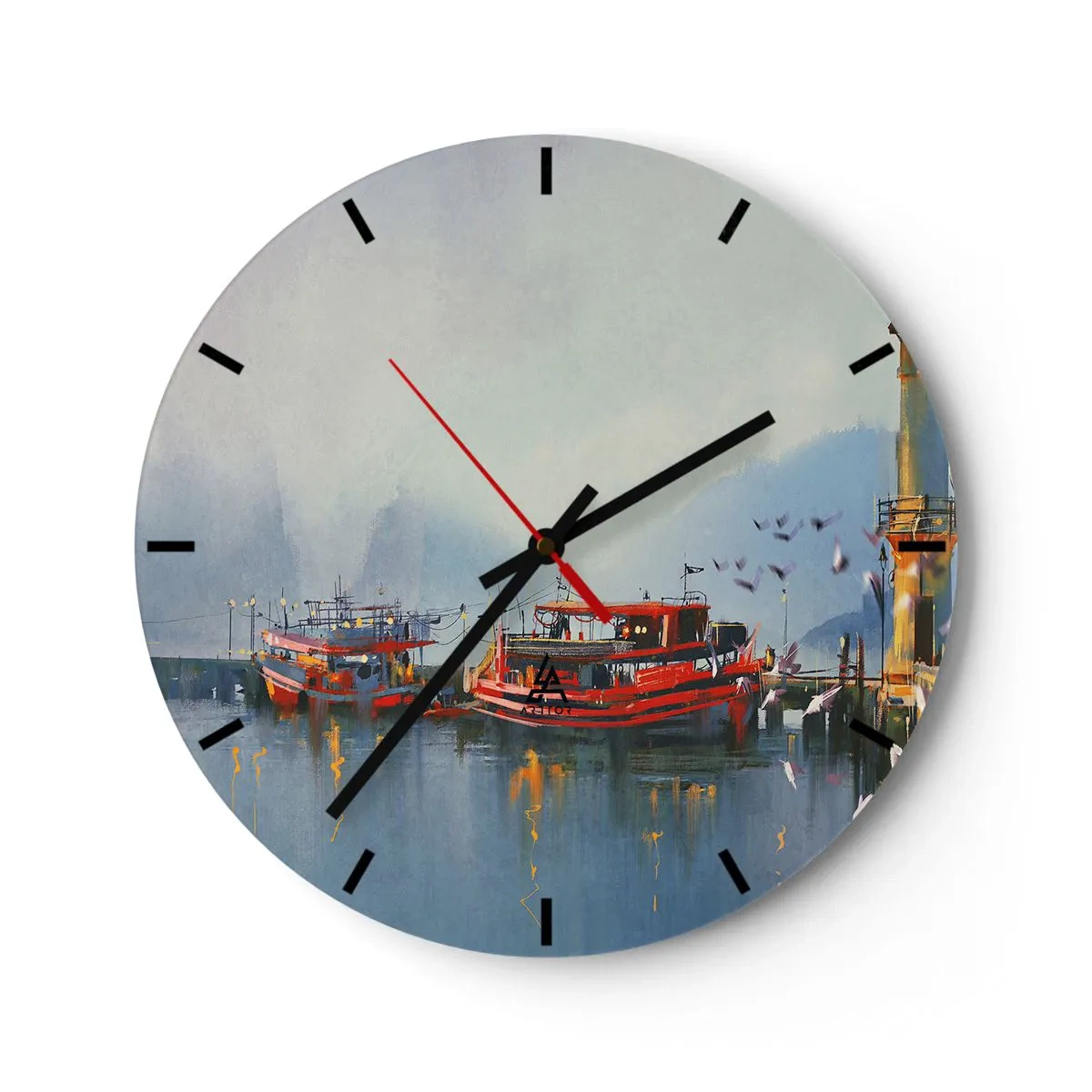 Vægur, Uret - En havn med røde både på roligt vand om morgenen - 30x30cm - Ved verdens ende - Moderne vægdekoration til stue, køkken og soveværelse ARTTOR