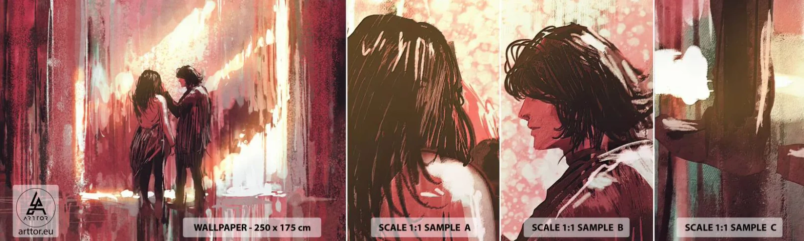 Prøve Fototapet Selvklæbende Deluxe Sticker - Kærlighedens evige skuespil - Abstraktion, Kvinde, Elsker - 100x30 cm