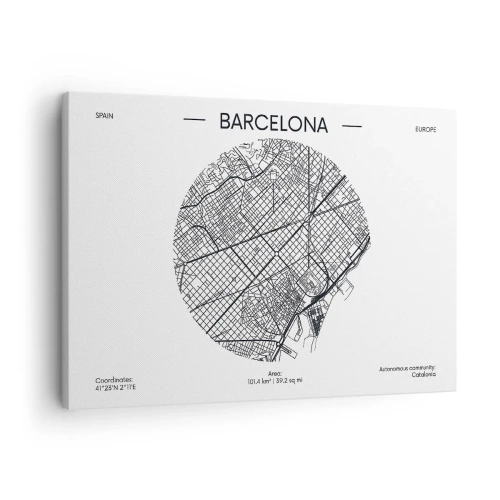 Lærredstryk - Billede på lærred - Et kort over Barcelona i minimalistisk sort-hvid stil - 70x50cm - Barcelonas anatomi - Moderne vægdekoration til stue og soveværelse ARTTOR