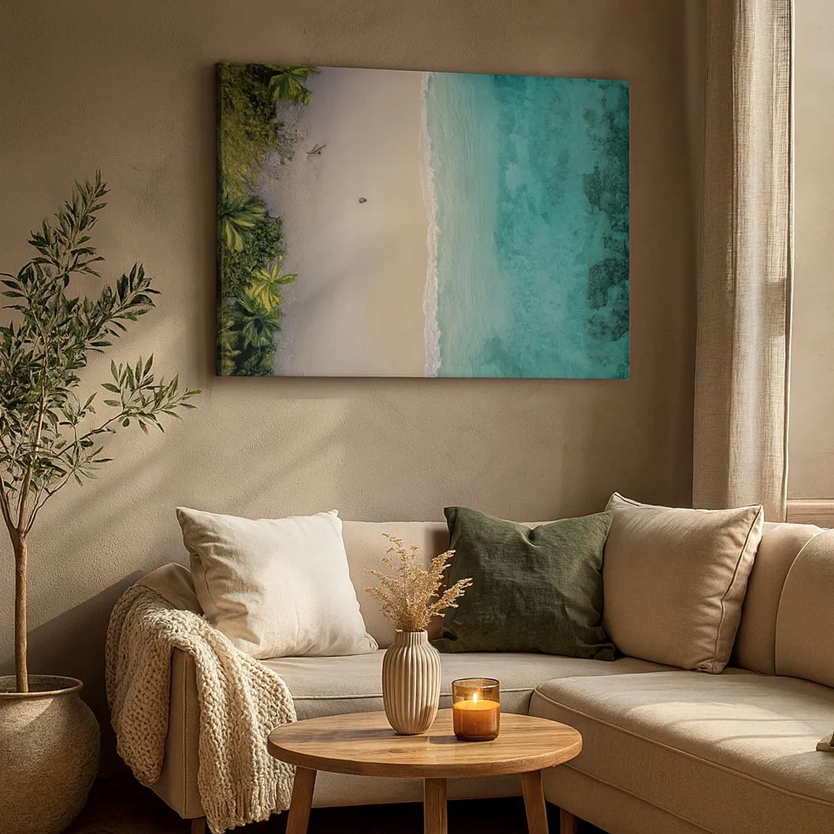 Lærredstryk - Billede på lærred - Luftfoto af en tropisk strand med turkisblåt vand - 70x50cm - Paradis strand - Moderne vægdekoration til stue og soveværelse ARTTOR