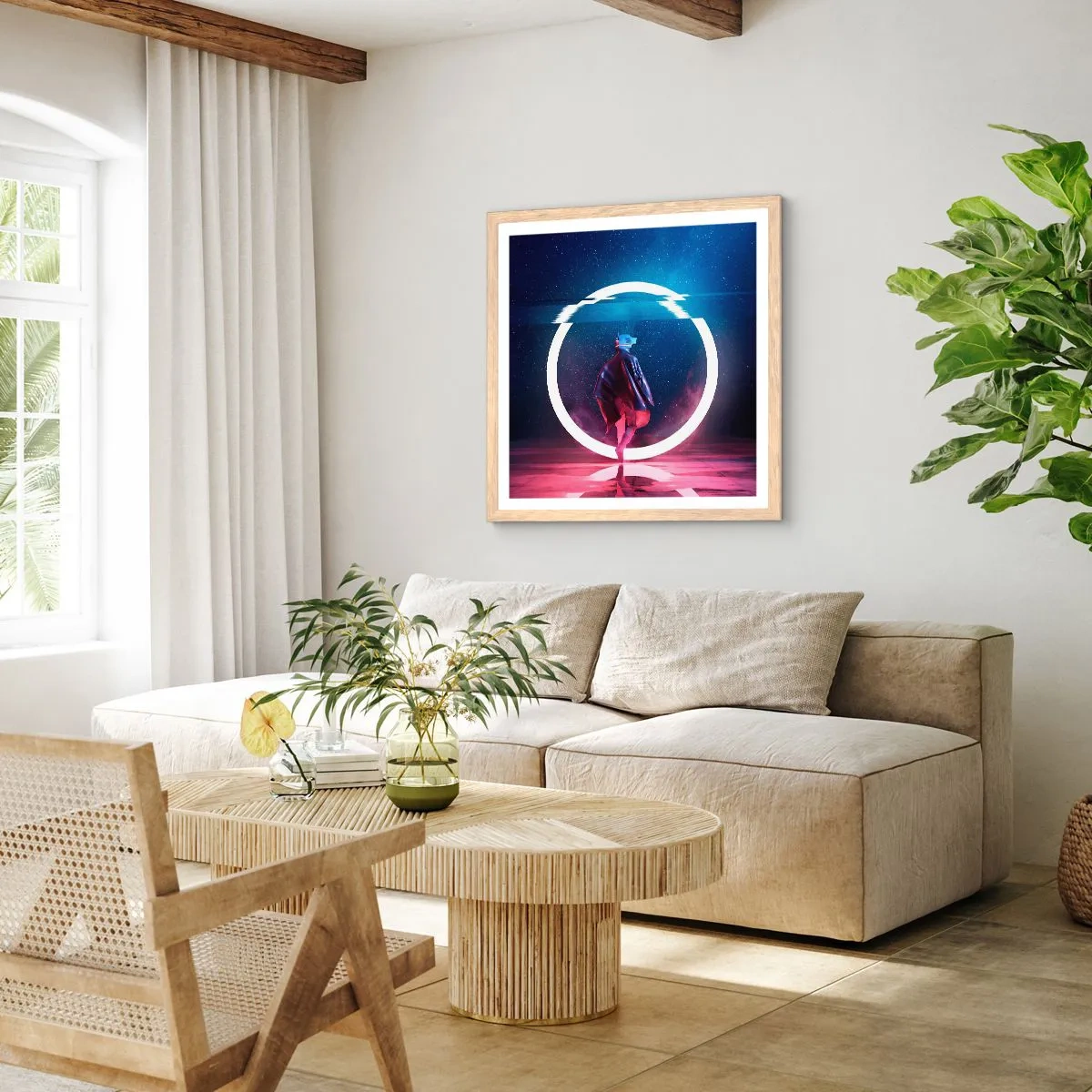 Plakat i ramme af lyst egetræ - Mellem verdener - 50x50 cm