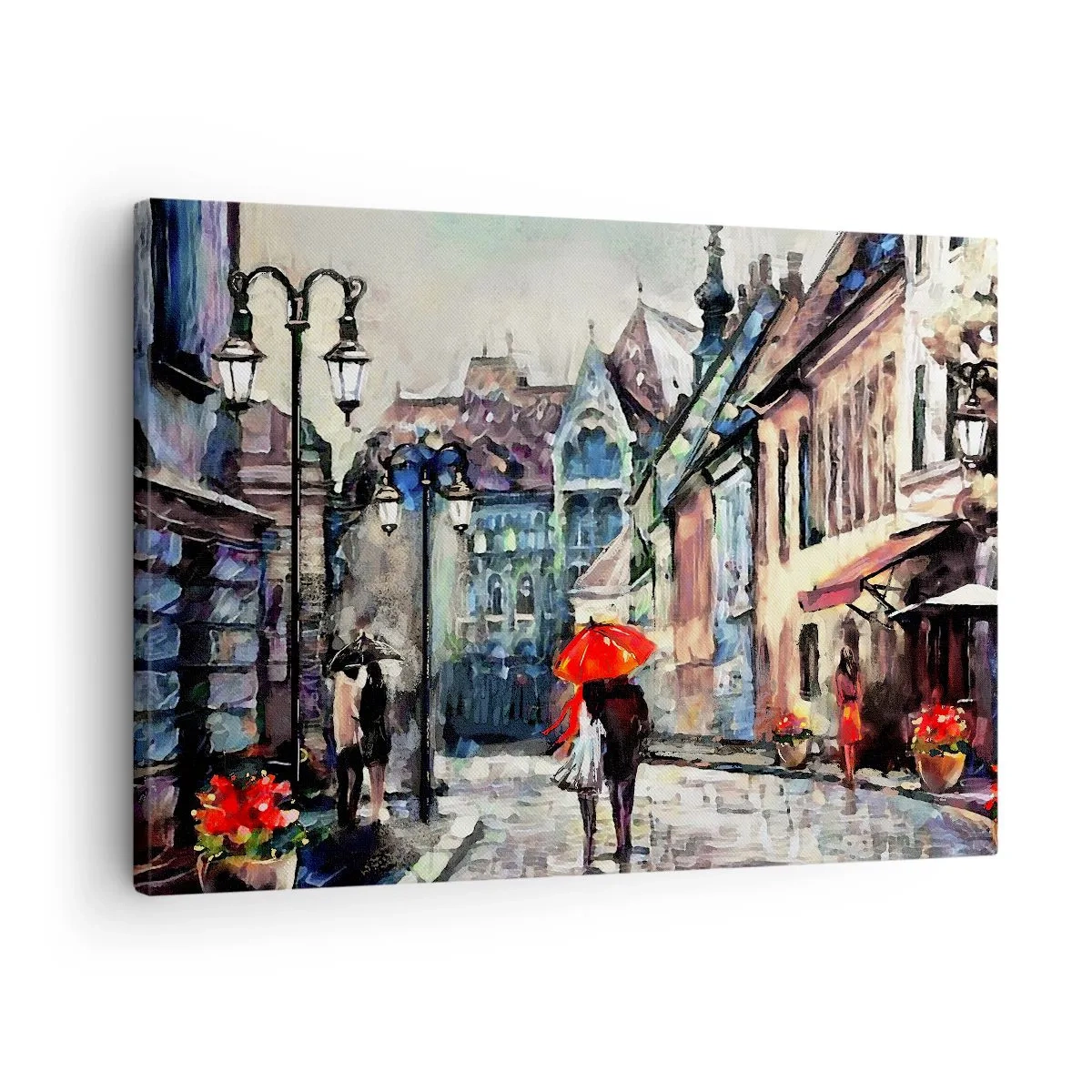 Lærredstryk - Billede på lærred - En charmerende bygade med et par under en rød paraply - 70x50cm - Regn til to - Moderne vægdekoration til stue og soveværelse ARTTOR