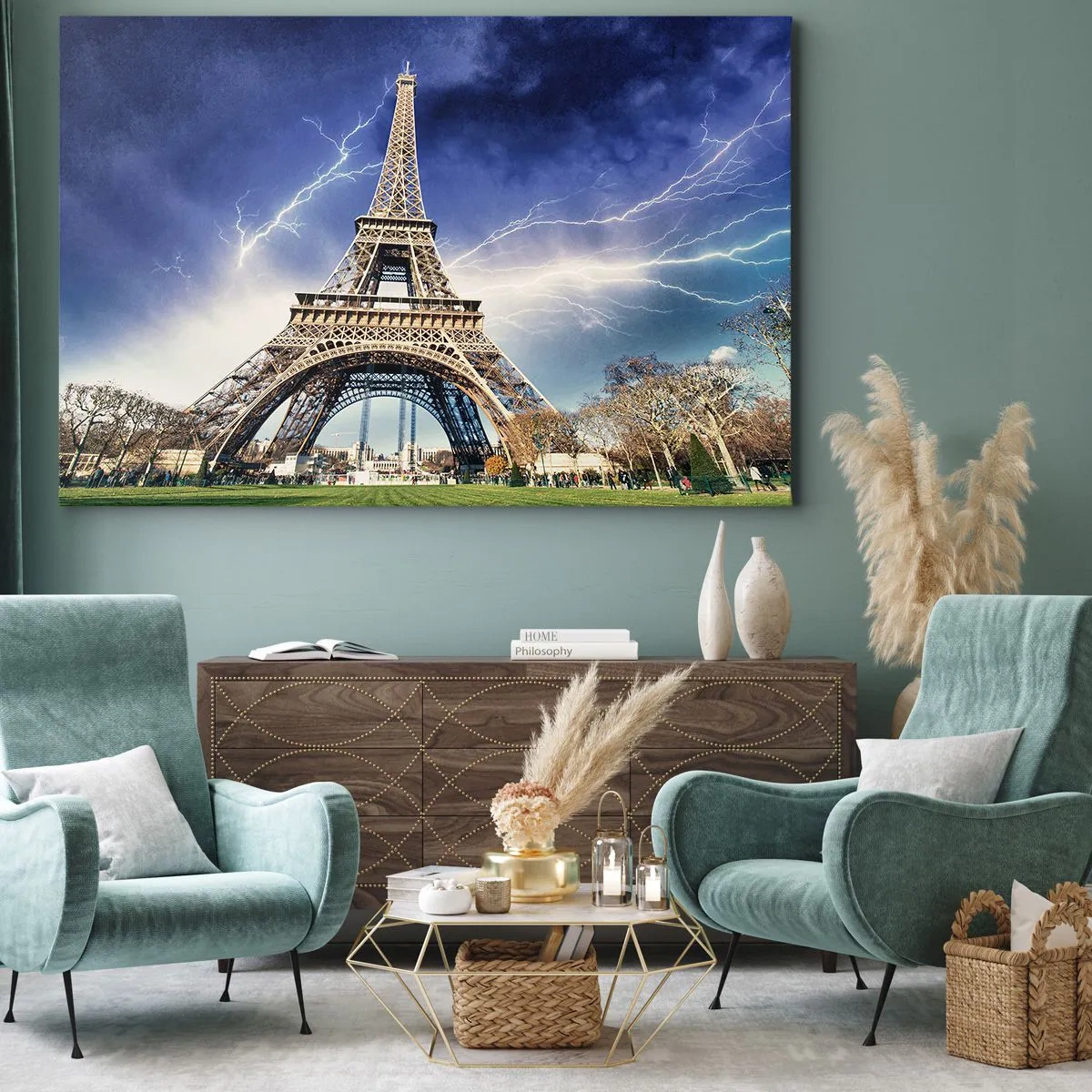 Lærredstryk - Billede på lærred - Eiffeltårnet med en stormfuld himmel og lyn i baggrunden - 70x50cm - Stormens herskerinde - Moderne vægdekoration til stue og soveværelse ARTTOR