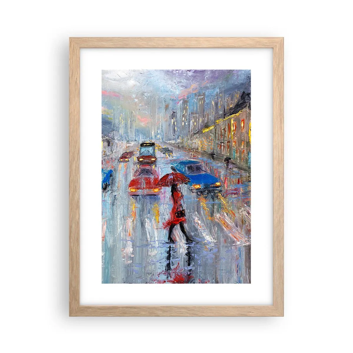 Plakat i ramme af lyst egetræ - Regnfuld eftermiddag i byen - 30x40 cm