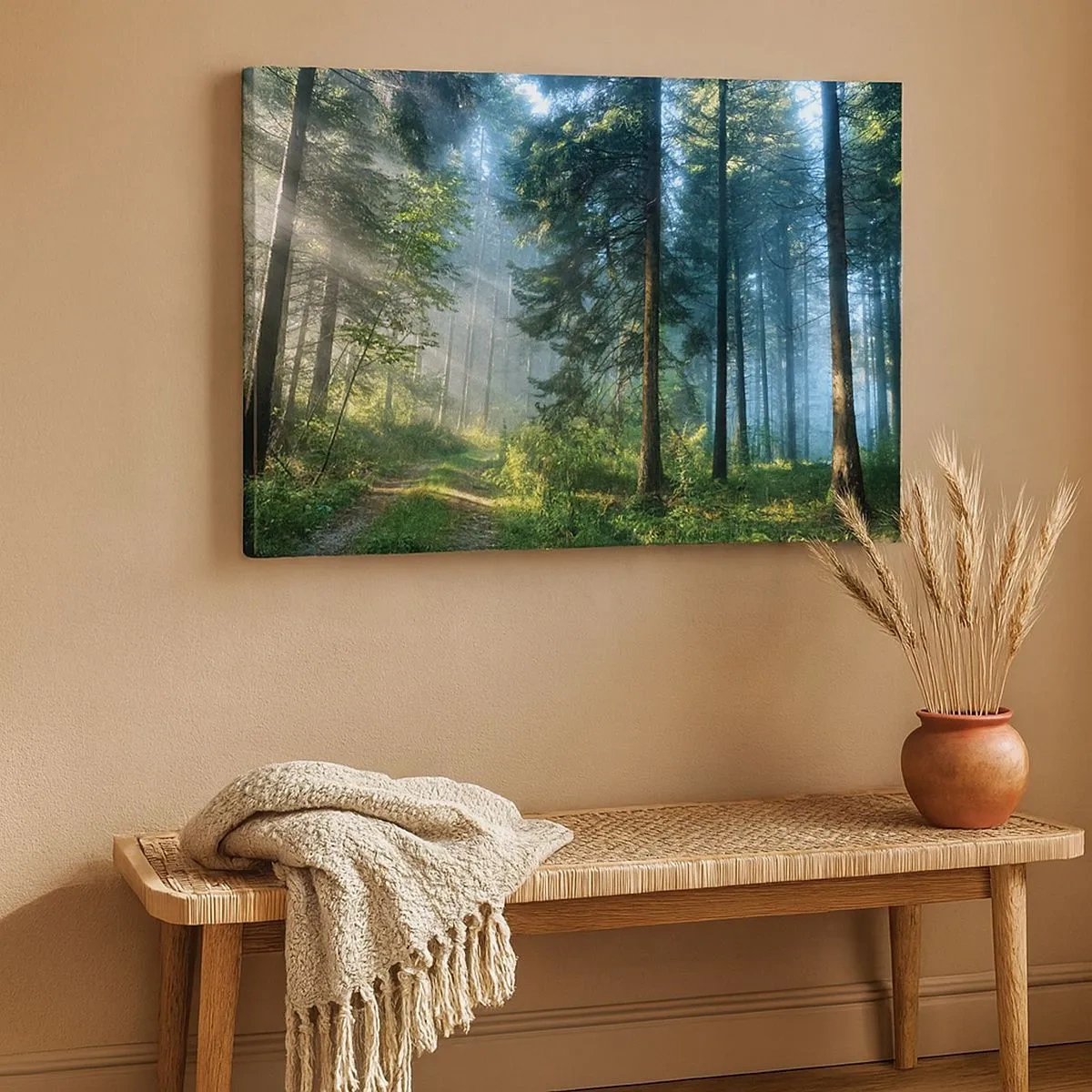 Lærredstryk - Billede på lærred - En skovsti oplyst af morgensolens stråler - 70x50cm - Strålende om morgenen - Moderne vægdekoration til stue og soveværelse ARTTOR