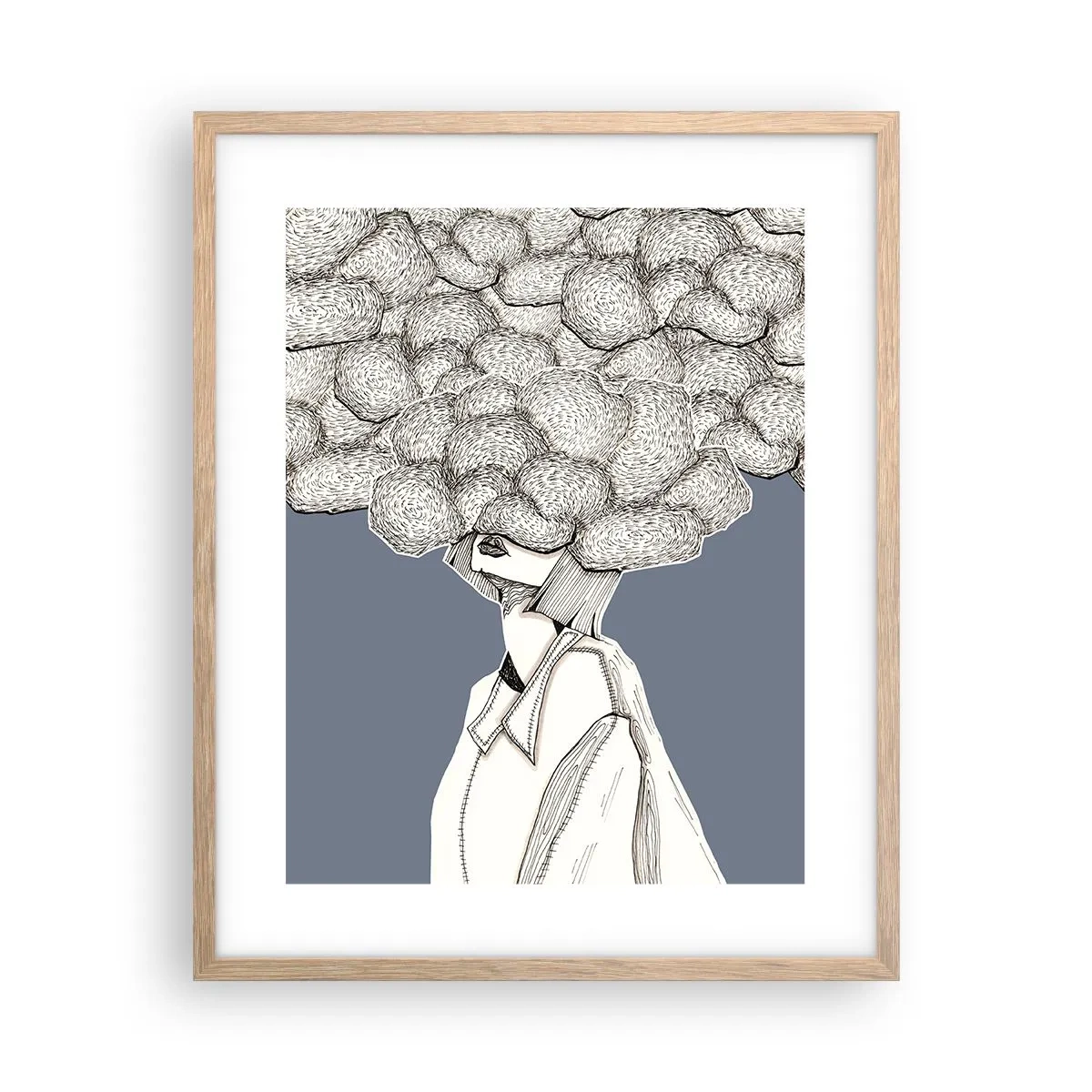 Plakat i ramme af lyst egetræ - Med hovedet i skyerne - 40x50 cm