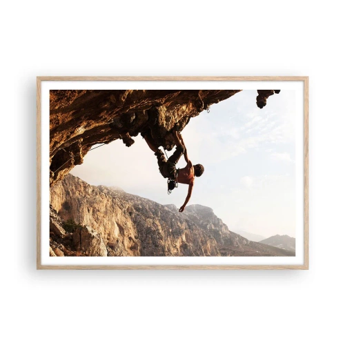 Plakat i ramme af lyst egetræ - Verden skrumpede ind i en håndfuld på en klippeskrænt - 100x70 cm