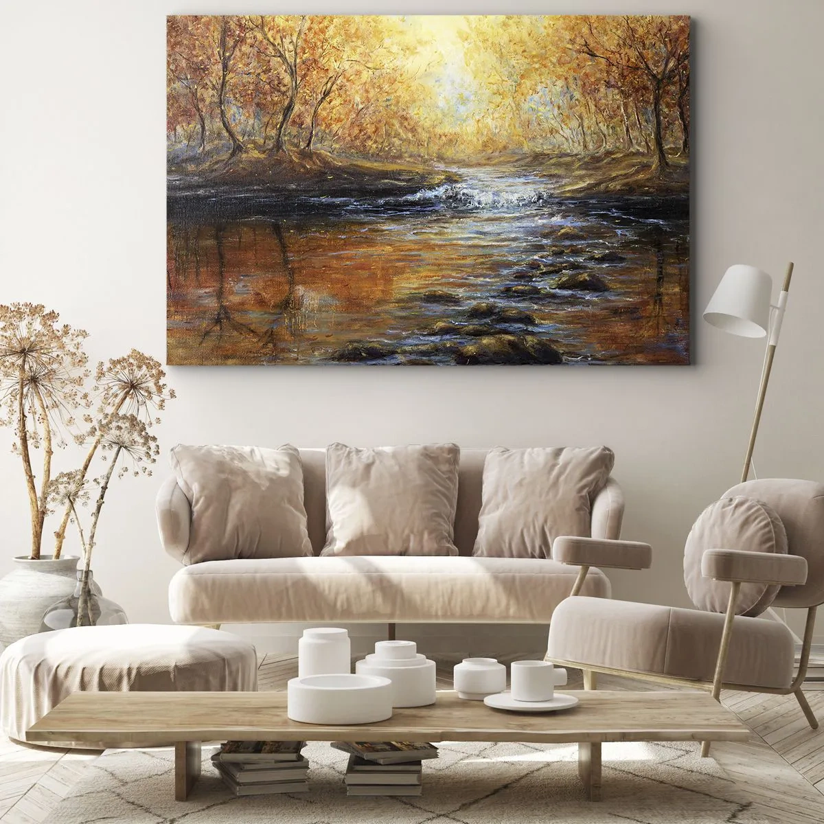 Lærredstryk - Billede på lærred - Efterårslandskab med en flod blandt træerne - 70x50cm - Gylden strøm - Moderne vægdekoration til stue og soveværelse ARTTOR