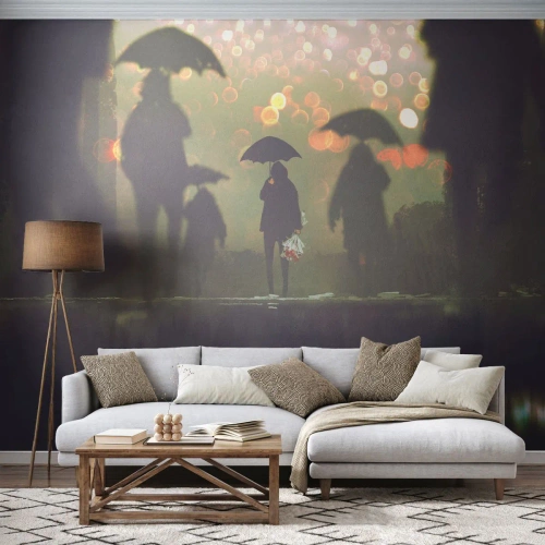 Fototapet Standard Eco - Set fra en regndråbes perspektiv - Gå i regnen, Mennesker, Grafik - 450x315 cm