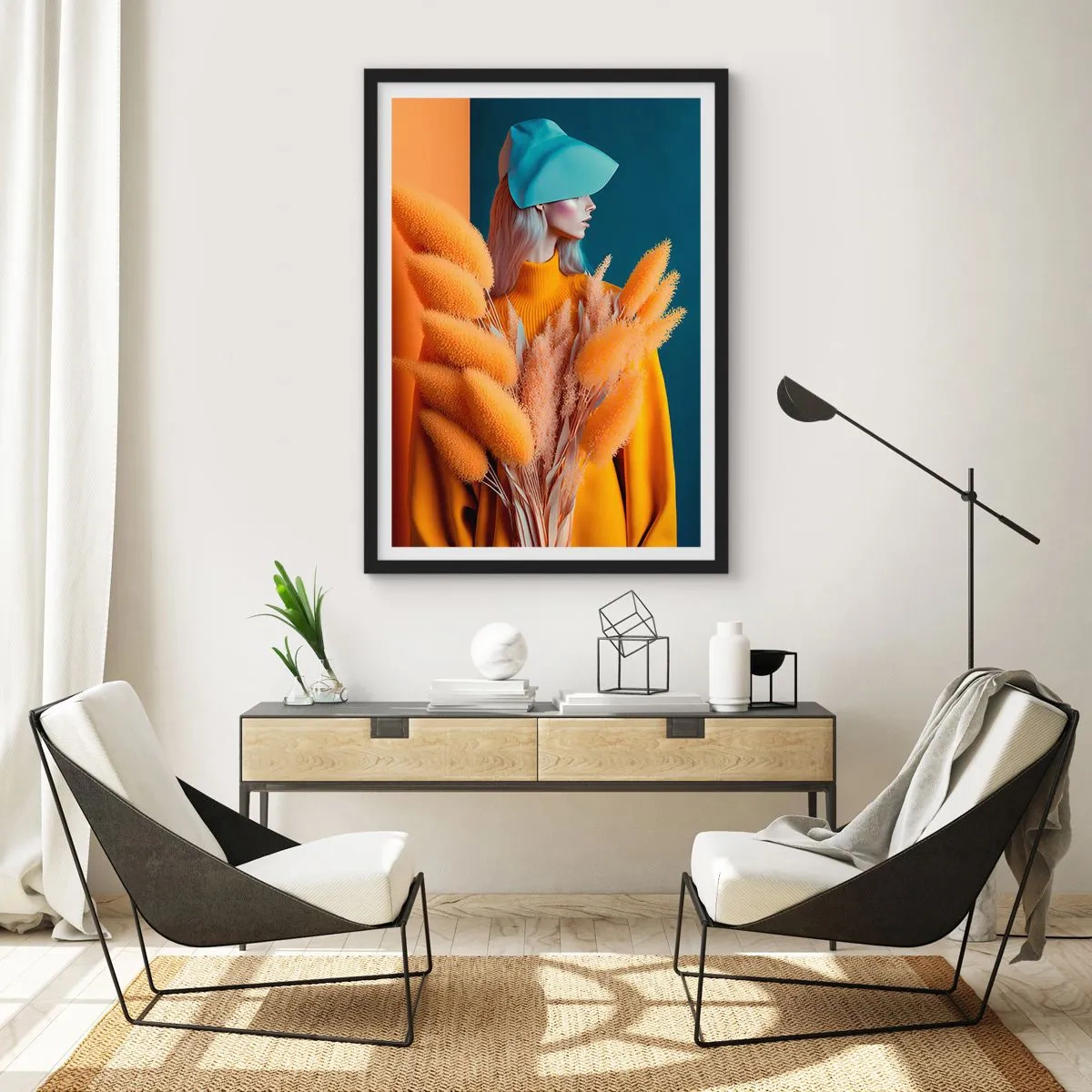 Plakat i sort ramme - Et moderne portræt af en kvinde i varme farver - 50x70cm - Fluffy portræt - Moderne vægdekoration til stue og soveværelse ARTTOR