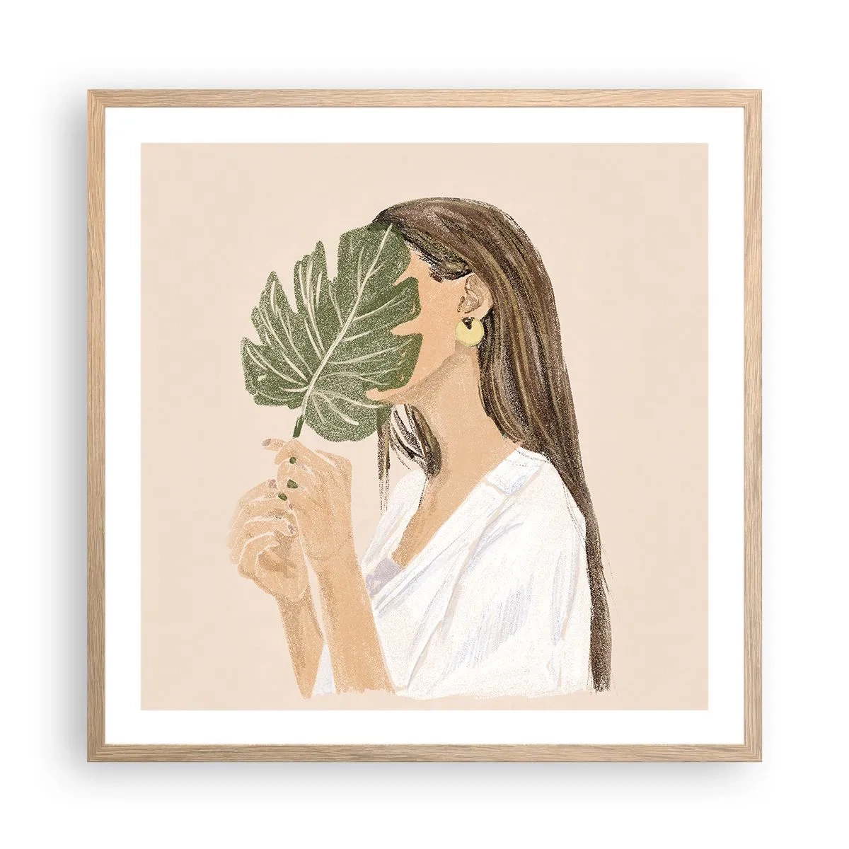 Plakat i ramme af lyst egetræ - Mystisk portræt med en vifte - 60x60 cm