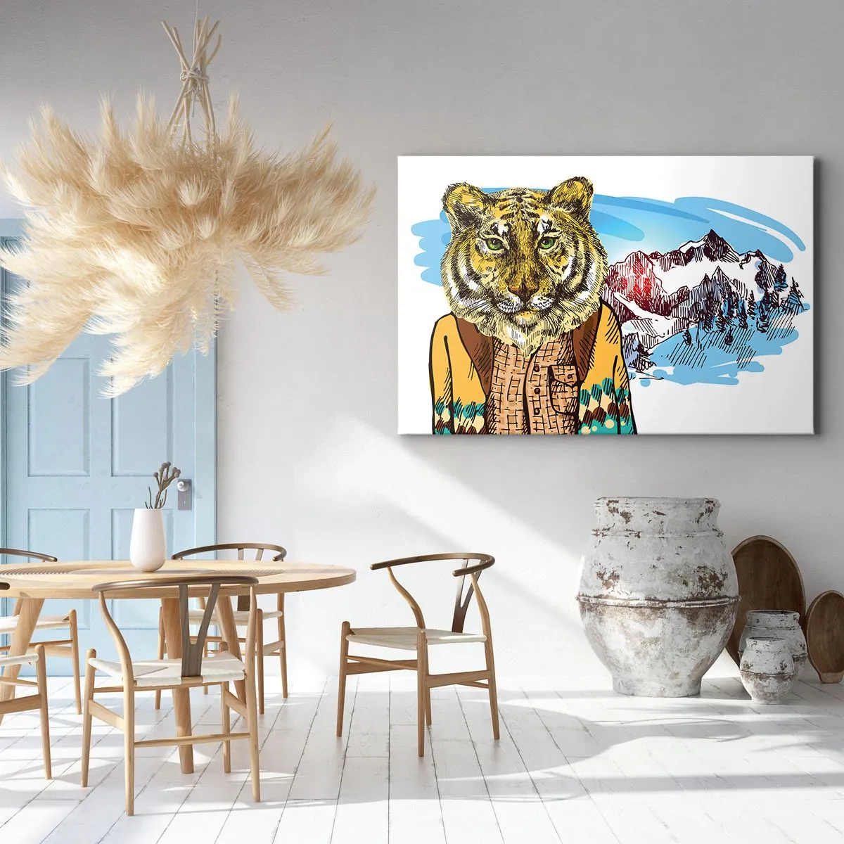 Lærredstryk - Billede på lærred - En tiger i en frakke mod et bjerglandskab - 70x50cm - Ikke så vild som han er tegnet - Moderne vægdekoration til stue og soveværelse ARTTOR