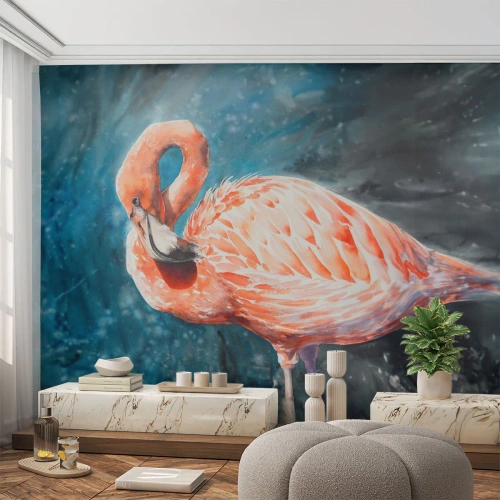 Fototapet Standard Eco - En flamingo på baggrund af en malerisk komposition i blå nuancer. - 100x70cm - Dekorativ af natur - Moderne vægdekoration til stue og soveværelse ARTTOR