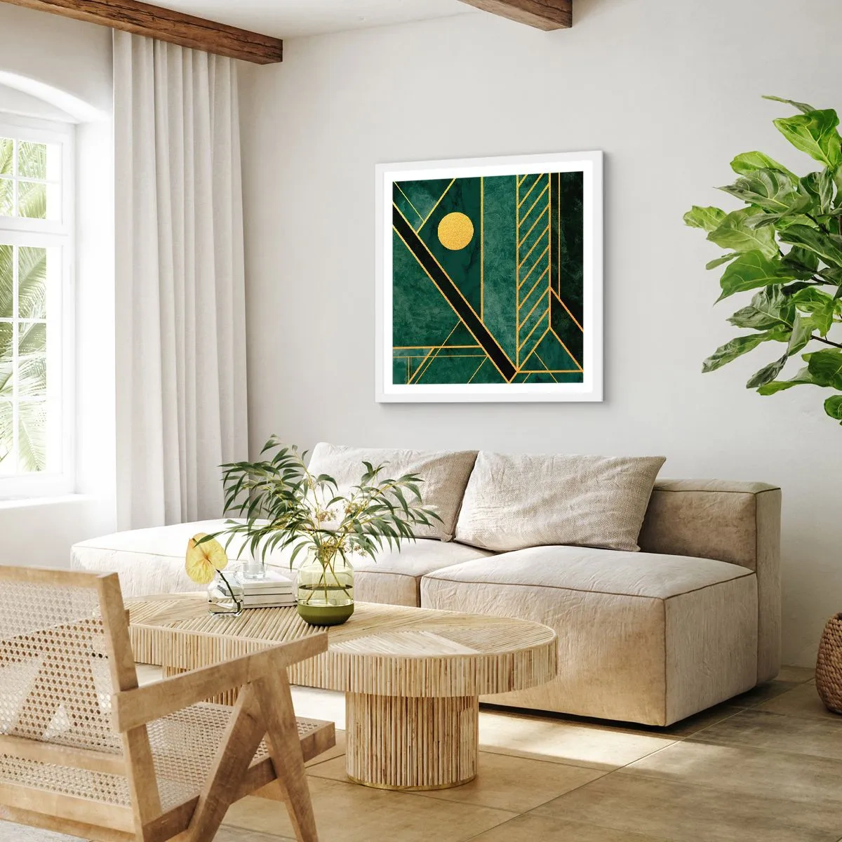 Plakat i hvid ramme - Dynamikken i guld og azurblå - 50x50 cm