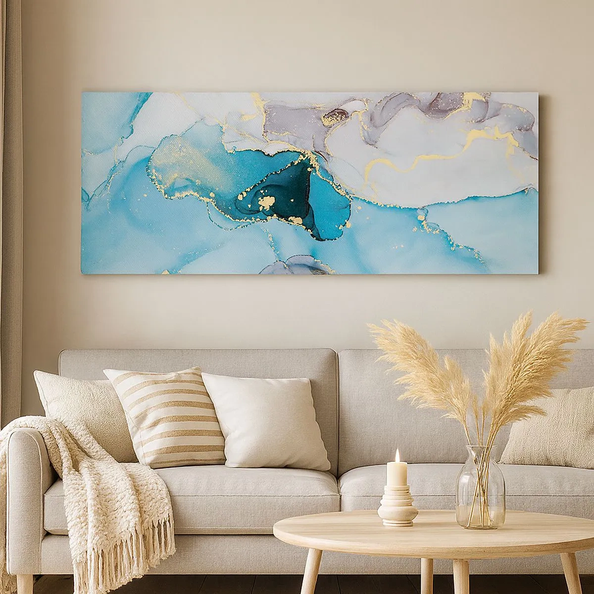 Lærredstryk - Billede på lærred - En undersøgelse af mødet mellem grå og turkis - 100x40 cm