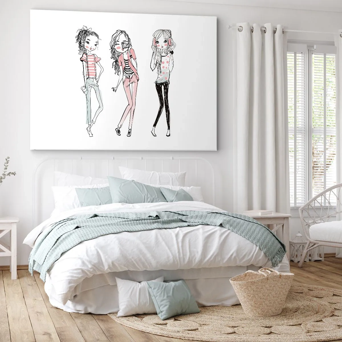 Lærredstryk - Billede på lærred - Illustration af moderigtige piger i pastelfarver - 70x50cm - Det bliver sjovt - Moderne vægdekoration til stue og soveværelse ARTTOR